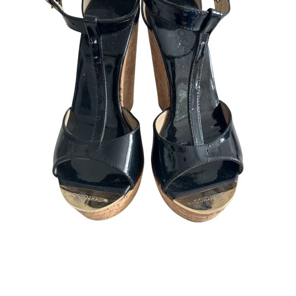 JIMMY CHOO Black Patent Leather Cork Wedges Sandals Size 36.5 - Picture 7 of 16